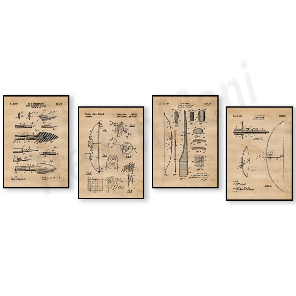Outdoor Hunting Paintings - Vintage Pfeil und Bogen Patentdruck, Bogenpatent,