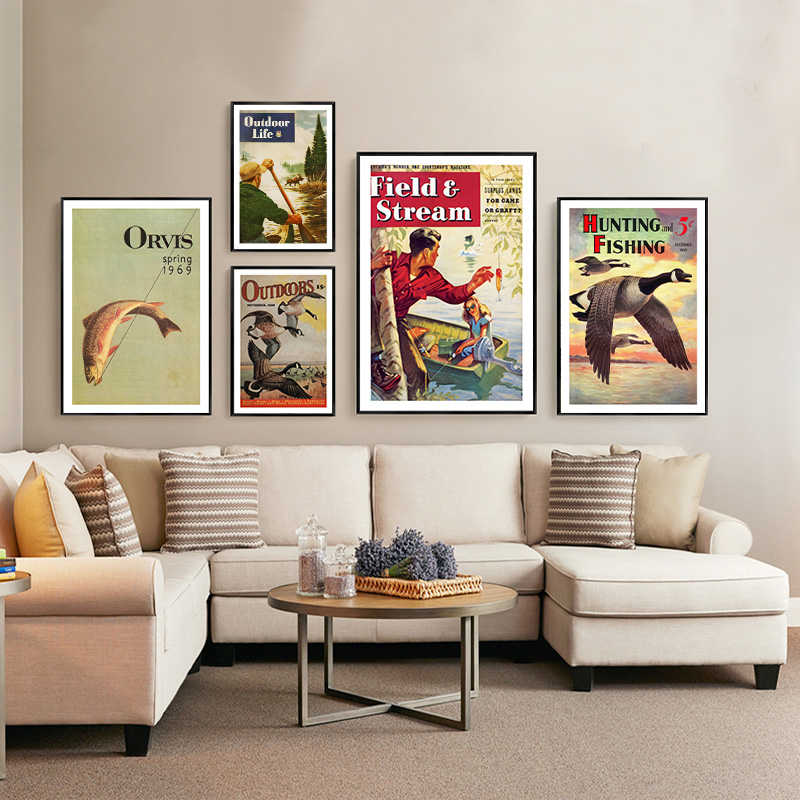 Outdoor Hunting Paintings - Vintage bunte Angeln Poster Jagd Fischerboot